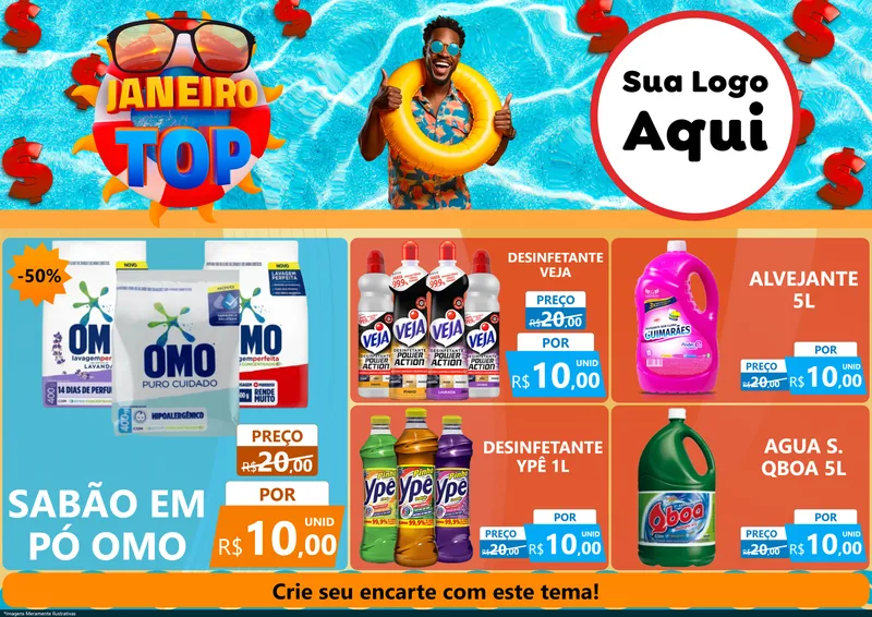 Modelo de Encarte para Encarte A4 Horizontal com o tema Janeiro Top para Produtos de Limpeza
