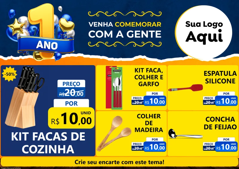 Modelo de Encarte para Encarte A4 Horizontal com o tema Um Ano de Aniversário para Utilidades Domésticas