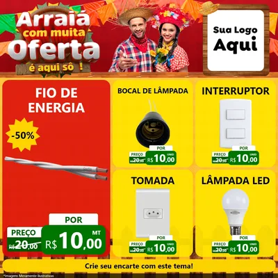 Modelo de Rede Social para Feed Facebook com o tema Arraiá Com Muita Oferta - É Aqui Sô! para Materiais Elétricos