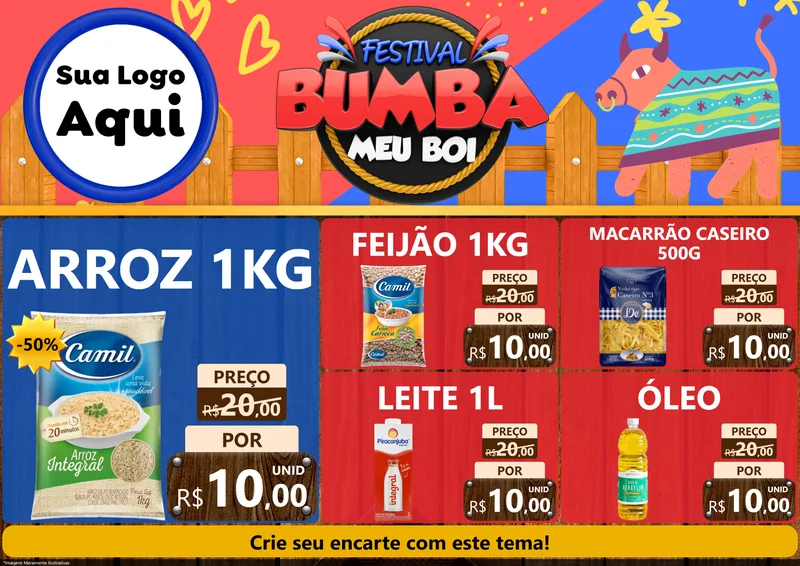 Modelo de Encarte para Encarte A4 Horizontal com o tema Festival Bumba Meu Boi para Supermercado