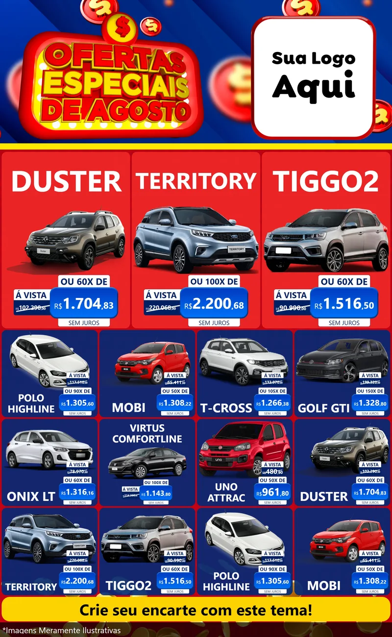 Modelo de Encarte para Encarte Grande com o tema Ofertas Especiais de Agosto para Concessionaria de Carros