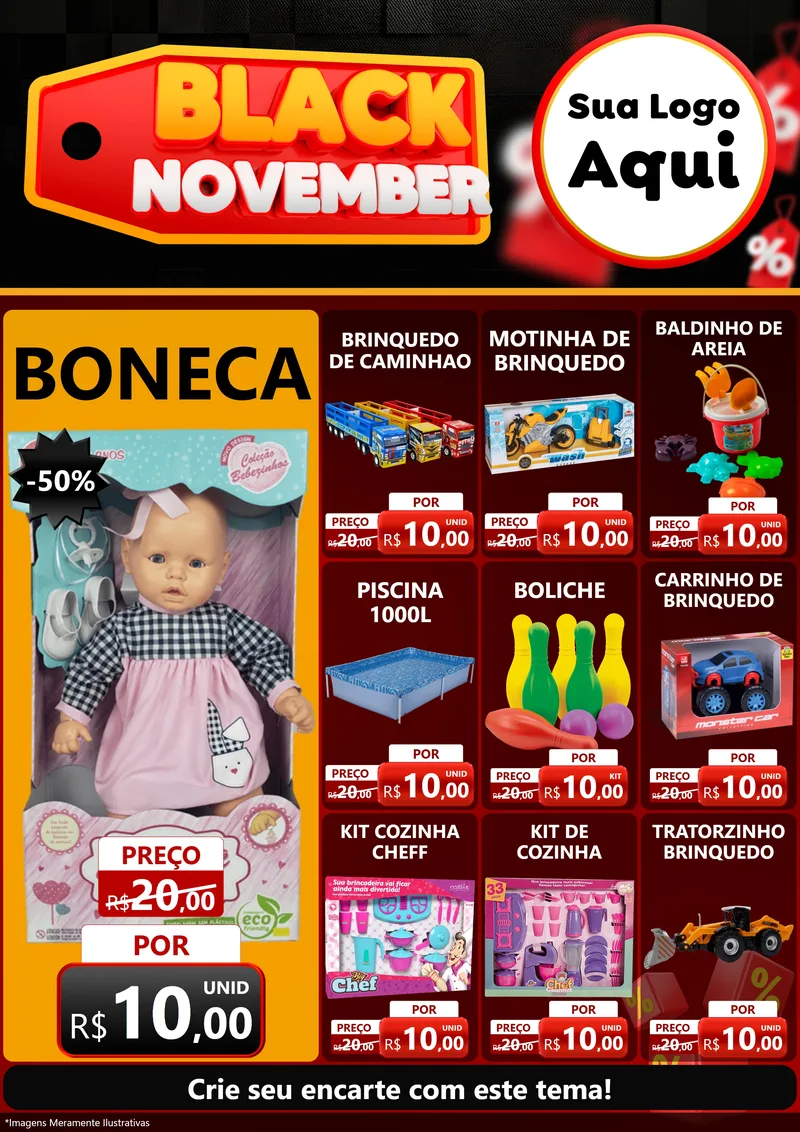 Modelo de Encarte para Encarte A4 Vertical com o tema Black November para Brinquedos