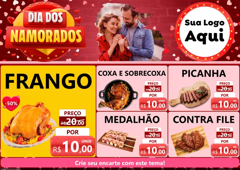 Modelo de Encarte para Encarte A4 Horizontal com o tema Dia Dos Namorados para Assados