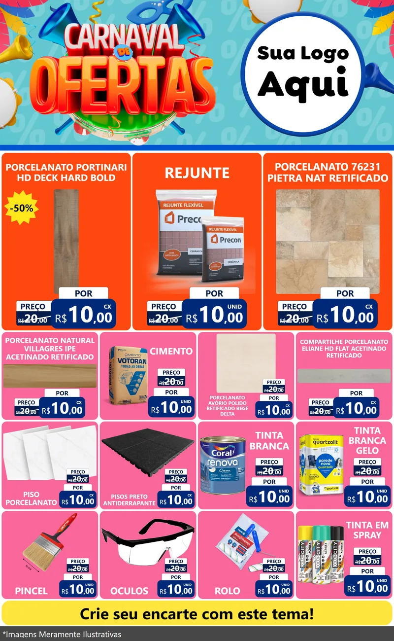 Modelo de Encarte para Encarte Grande com o tema Carnaval de Ofertas para Pisos e revestimentos
