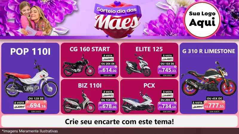 Modelo de TV para TV Horizontal com o tema Sorteio Dia das Mães para Concessionaria de Motos