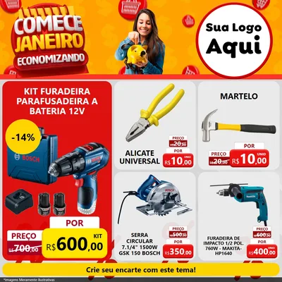 Modelo de Rede Social para Feed Facebook com o tema Comece Janeiro Economizando para Maquinas e Ferramentas