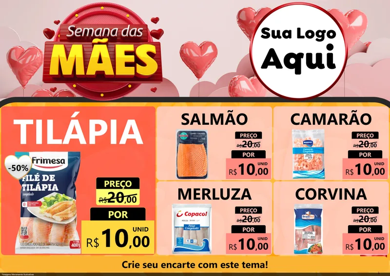 Modelo de Encarte para Encarte A4 Horizontal com o tema Semana das Mães para Peixaria