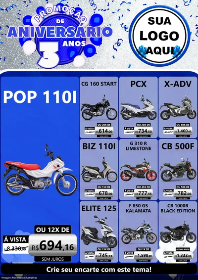 Modelo de Encarte para Encarte A4 Vertical com o tema Promoção de Aniversário - 3 Anos para Concessionaria de Motos