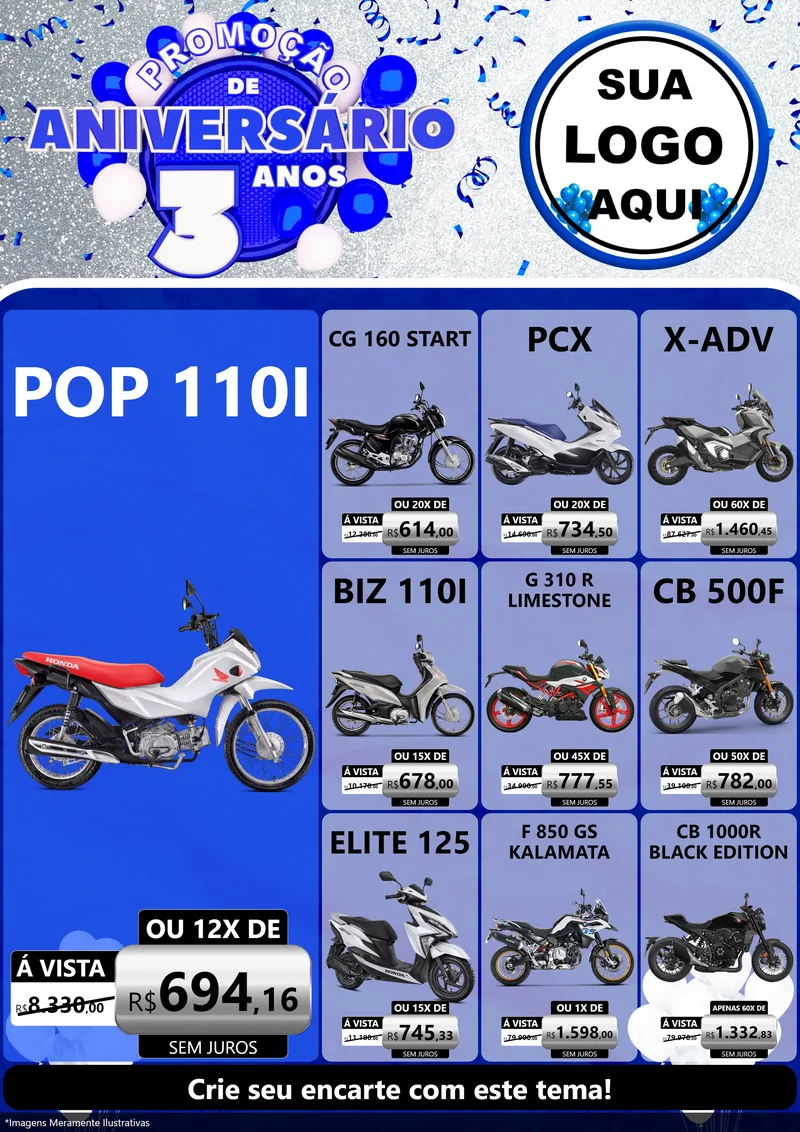 Modelo de Encarte para Encarte A4 Vertical com o tema Promoção de Aniversário - 3 Anos para Concessionaria de Motos
