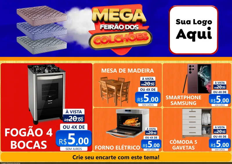 Modelo de Encarte para Encarte A4 Horizontal com o tema Mega Feirão dos Colchões para Móveis e Eletro