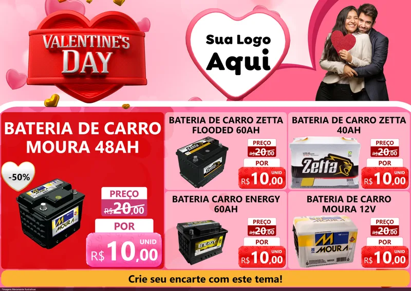 Modelo de Encarte para Encarte A4 Horizontal com o tema Valentine's Day para Baterias Elétricas