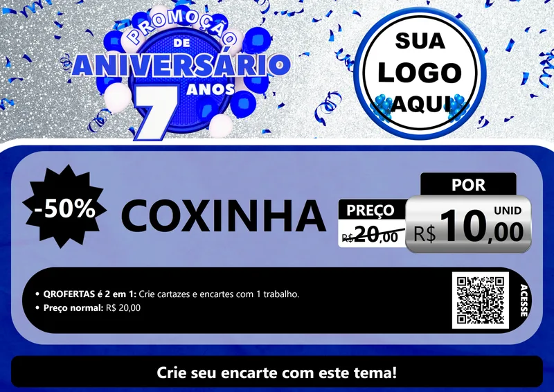 Modelo de Cartaz para Cartaz A4 Horizontal com o tema Promoção de Aniversário - 7 Anos para Salgadaria