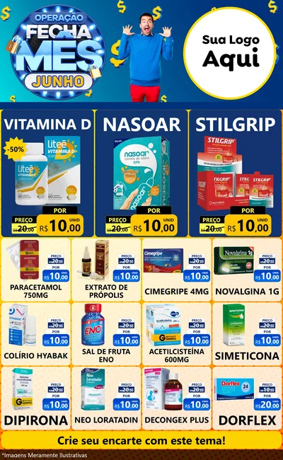 Modelo de Encarte para Encarte Grande com o tema Operação Fecha Mês, Junho para Farmácia