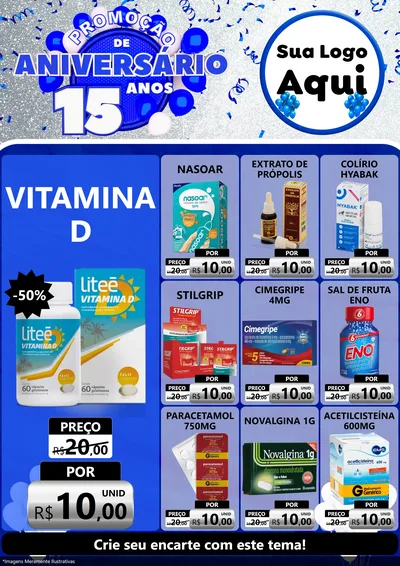 Modelo de Encarte para Encarte A4 Vertical com o tema Promoção de Aniversário - 15 Anos para Farmácia
