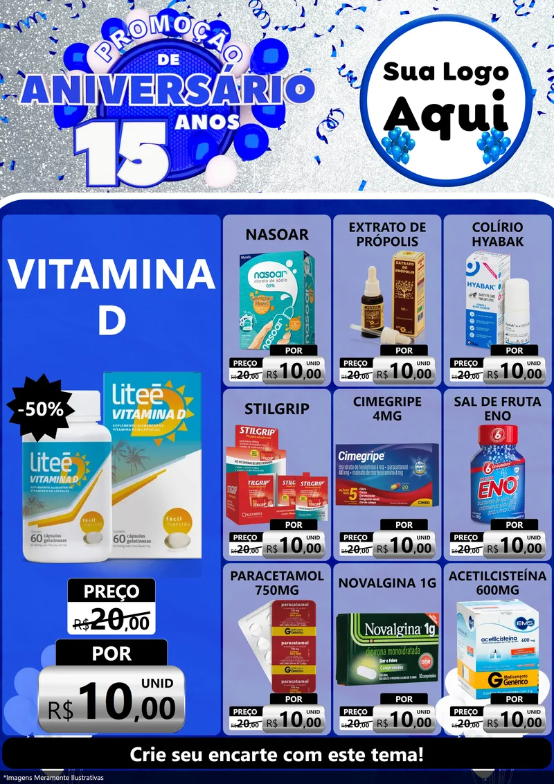 Modelo de Encarte para Encarte A4 Vertical com o tema Promoção de Aniversário - 15 Anos para Farmácia