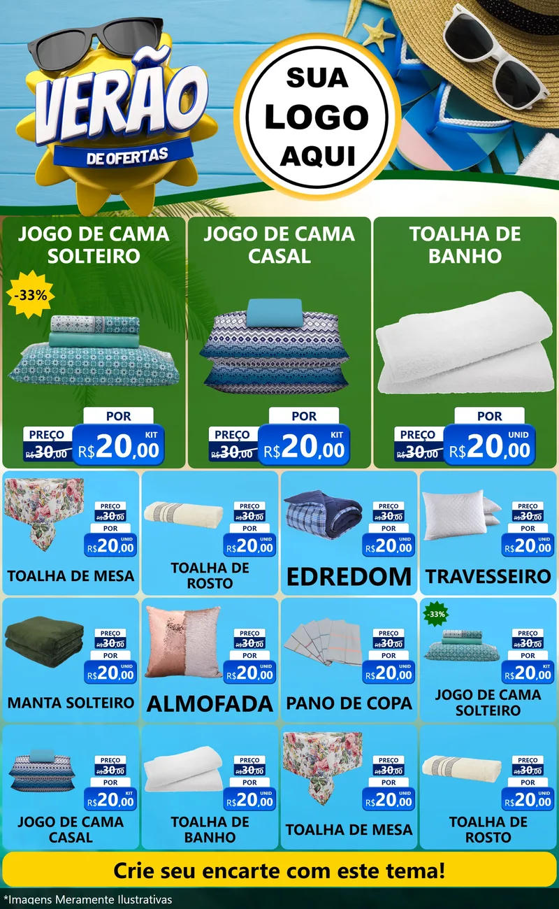 Modelo de Encarte para Encarte Grande com o tema Verão de Ofertas para Cama, Mesa e Banho