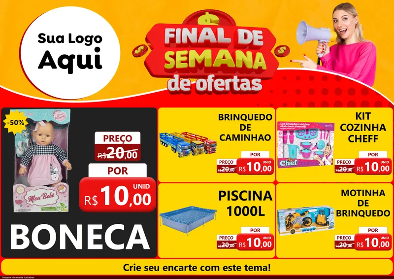 Modelo de Encarte para Encarte A4 Horizontal com o tema Final de Semana de Ofertas para Brinquedos