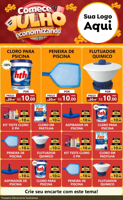 Modelo de Encarte para Encarte Grande com o tema Comece Julho Economizando para Produtos para Piscina