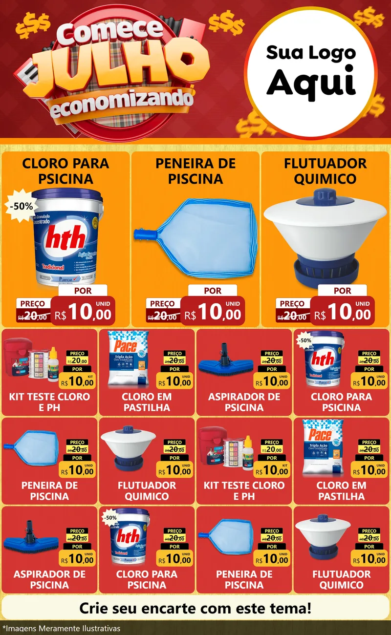 Modelo de Encarte para Encarte Grande com o tema Comece Julho Economizando para Produtos para Piscina