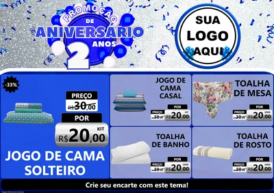 Modelo de Encarte para Encarte A4 Horizontal com o tema Promoção de Aniversário - 2 Anos para Cama, Mesa e Banho