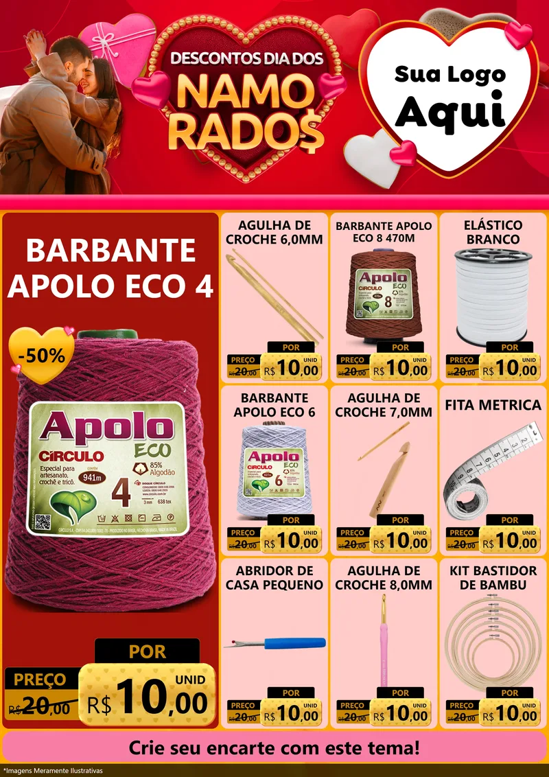 Modelo de Encarte para Encarte A4 Vertical com o tema Descontos Dia dos Namorados para Armarinho e Aviamentos