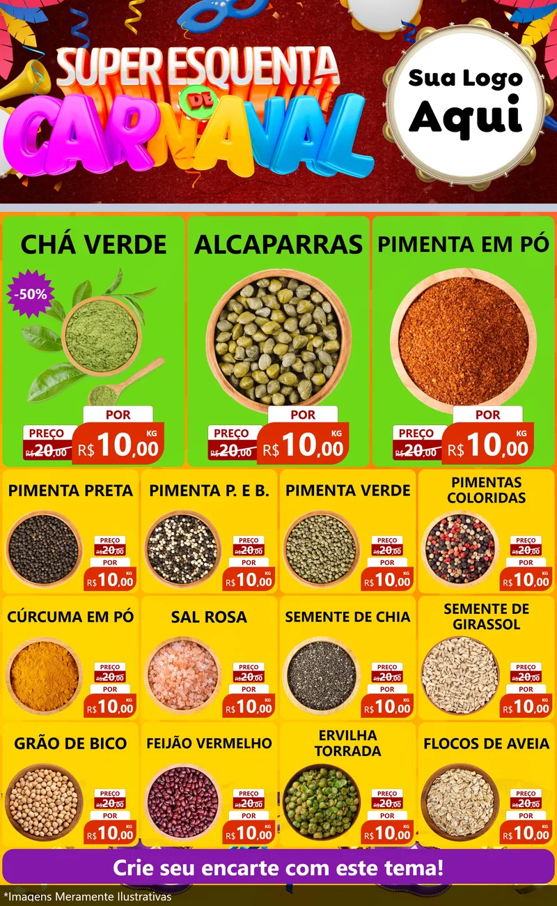 Modelo de Encarte para Encarte Grande com o tema Super Esquenta de Carnaval para Produtos Naturais