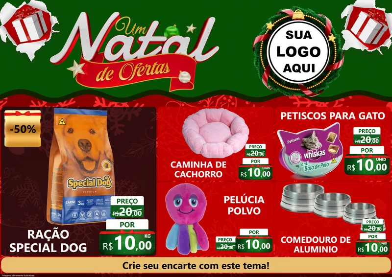 Modelo de Encarte para Encarte A4 Horizontal com o tema Um Natal de Ofertas para Pet Shop