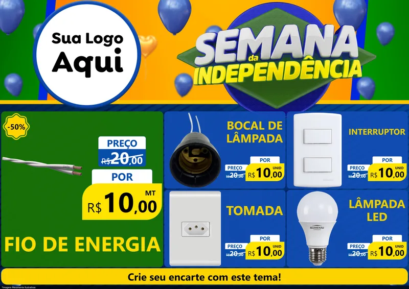Modelo de Encarte para Encarte A4 Horizontal com o tema Semana da Independência para Materiais Elétricos