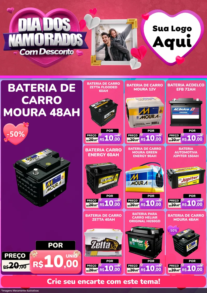 Modelo de Encarte para Encarte A4 Vertical com o tema Dia Dos Namorados Com Desconto para Baterias Elétricas