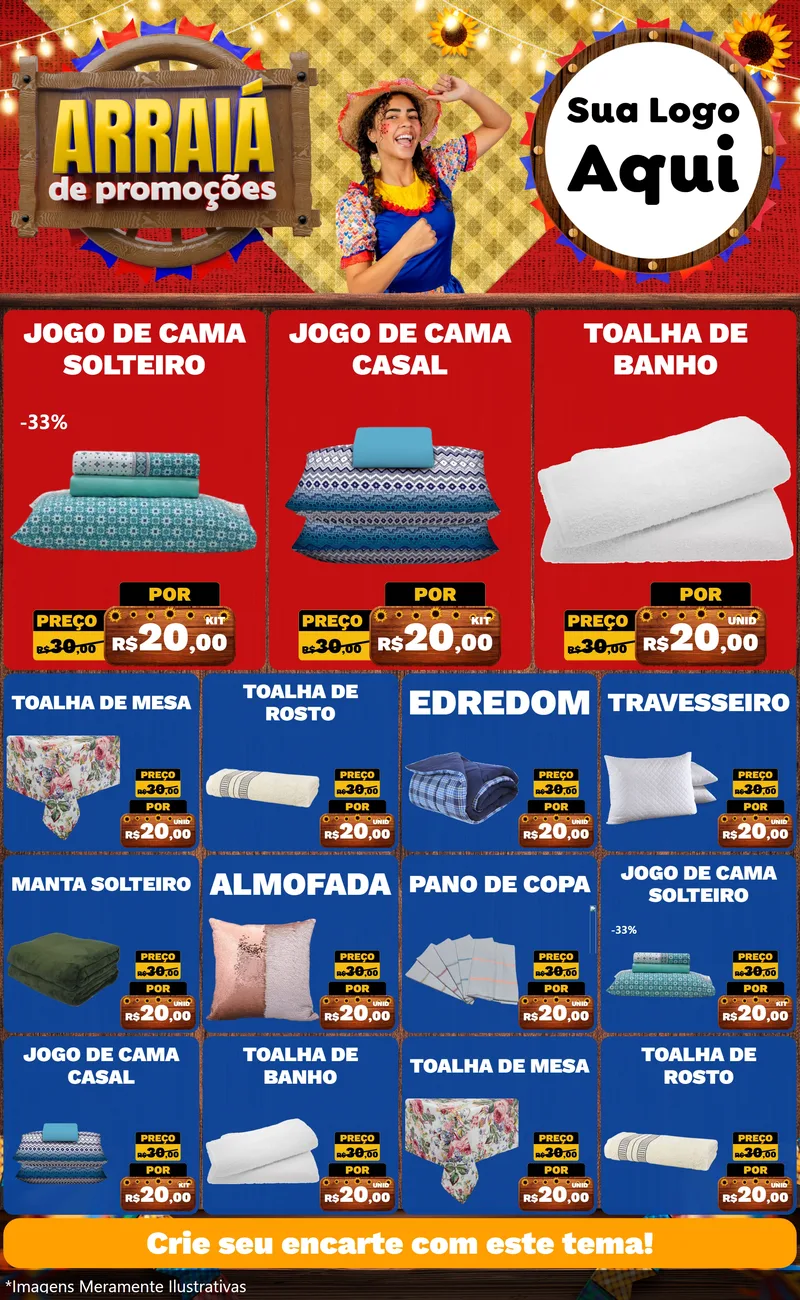 Modelo de Encarte para Encarte Grande com o tema Arraiá de Promoções para Cama, Mesa e Banho