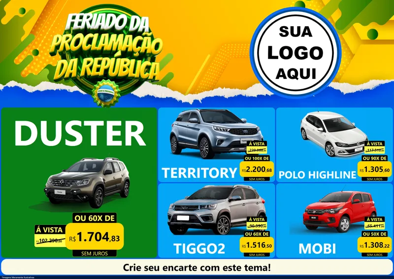 Modelo de Encarte para Encarte A4 Horizontal com o tema Feriado da Proclamação da República para Concessionaria de Carros