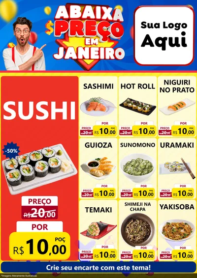 Modelo de Encarte para Encarte A4 Vertical com o tema Abaixa Preço em Janeiro para Comida japonesa