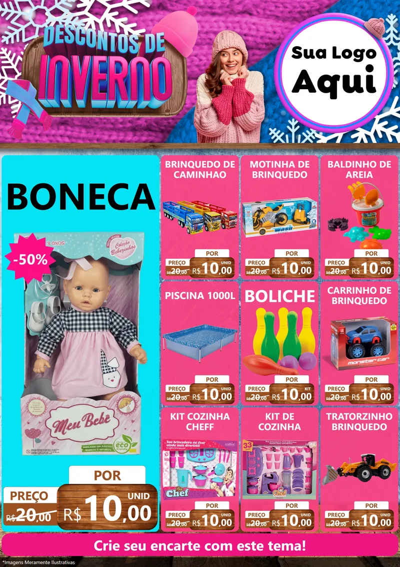 Modelo de Encarte para Encarte A4 Vertical com o tema Descontos de Inverno para Brinquedos