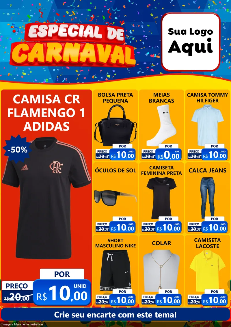 Modelo de Encarte para Encarte A4 Vertical com o tema Especial de Carnaval para Roupas e acessórios
