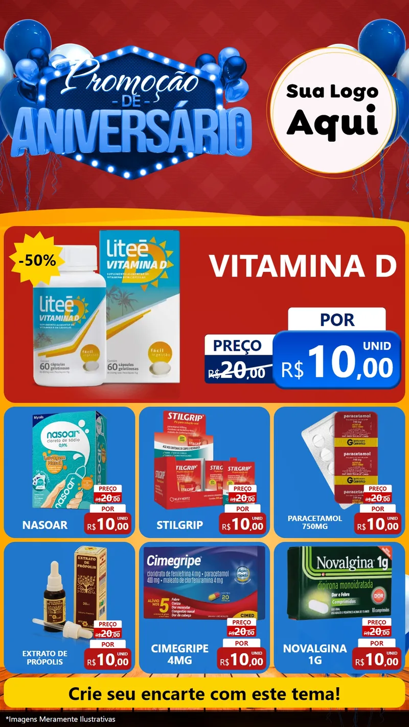Modelo de Rede Social para Stories com o tema Promoção de Aniversário para Farmácia