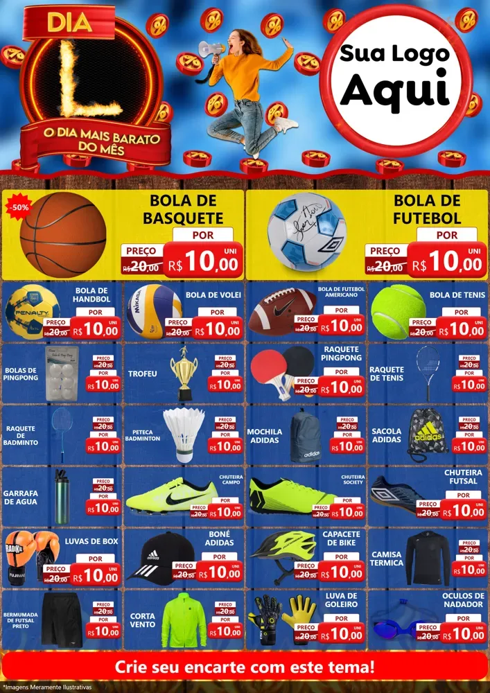 Modelo de Encarte para Encarte A4 Vertical com o tema Dia L - O Dia Mais Barato Do Mês para Artigos Esportivos