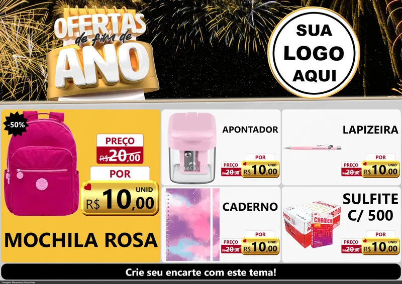 Modelo de Encarte para Encarte A4 Horizontal com o tema Ofertas de Fim de Ano para Papelaria