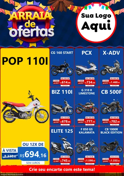 Modelo de Encarte para Encarte A4 Vertical com o tema Arraiá de Ofertas para Concessionaria de Motos