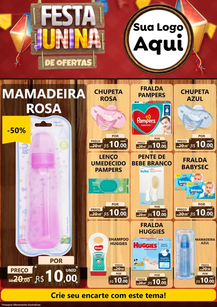 Modelo de Encarte para Encarte A4 Vertical com o tema Festa Junina de Ofertas para Bebês