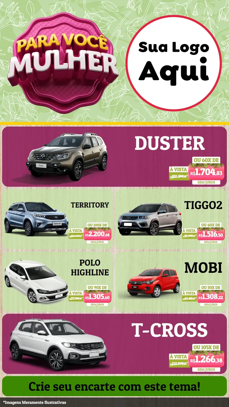 Modelo de TV para TV Vertical com o tema Para Você Mulher para Concessionaria de Carros