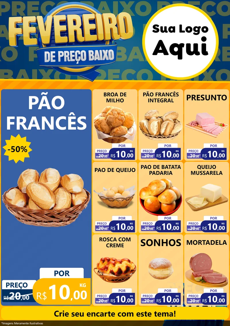 Modelo de Encarte para Encarte A4 Vertical com o tema Fevereiro de Preço Baixo para Padaria