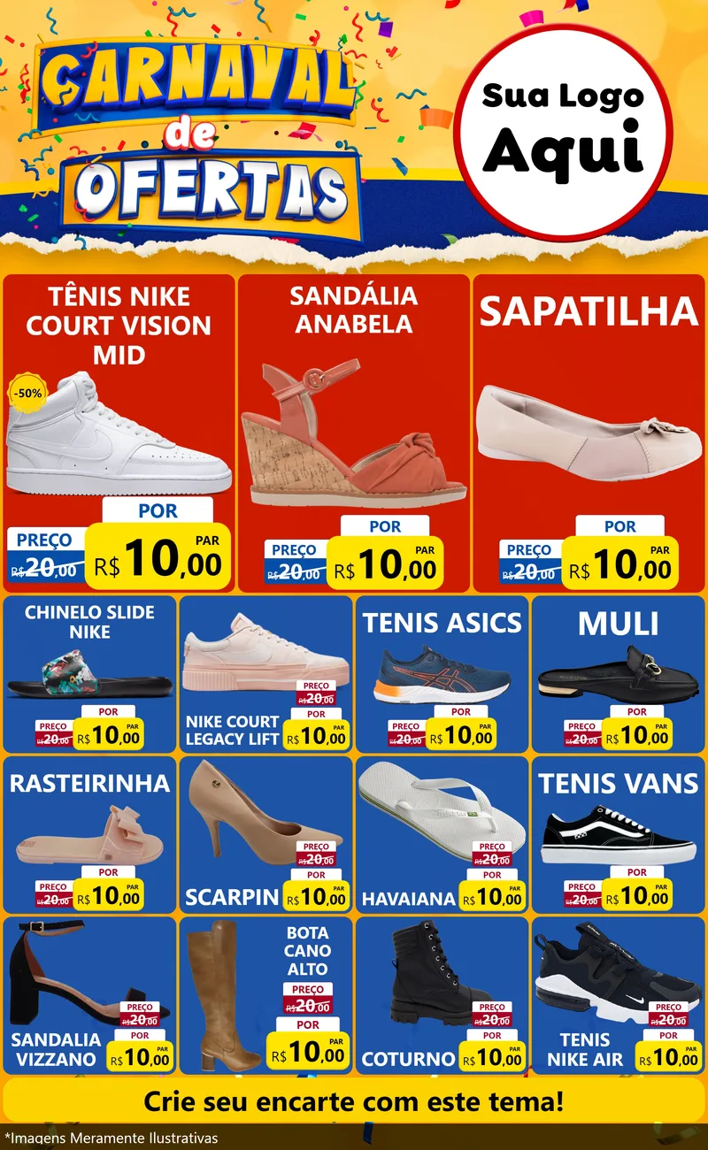Modelo de Encarte para Encarte Grande com o tema Carnaval de Ofertas para Calçados