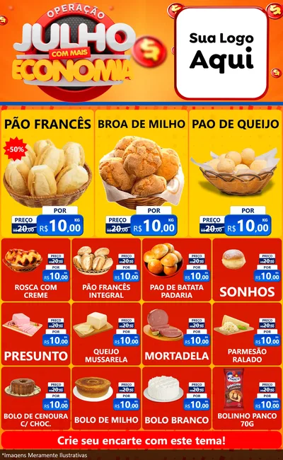 Modelo de Encarte para Encarte Grande com o tema Operação Julho Com Mais Economia para Padaria