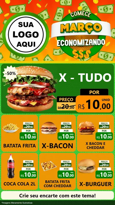 Modelo de Rede Social para Stories com o tema Comece Março Economizando para Hamburgueria