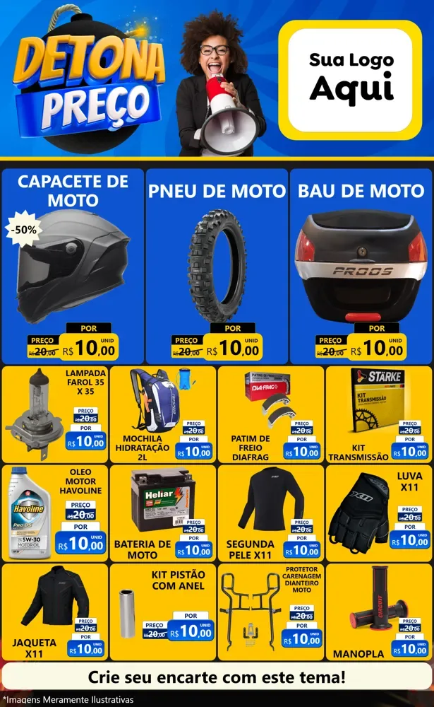 Modelo de Encarte para Encarte Grande com o tema Detona Preços para Moto peças