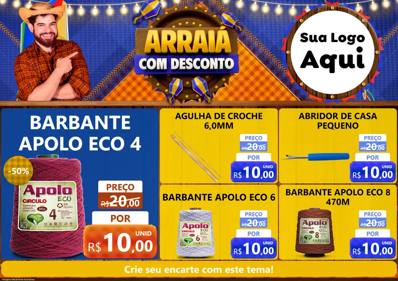 Modelo de Encarte para Encarte A4 Horizontal com o tema Arraiá Com Desconto para Armarinho e Aviamentos