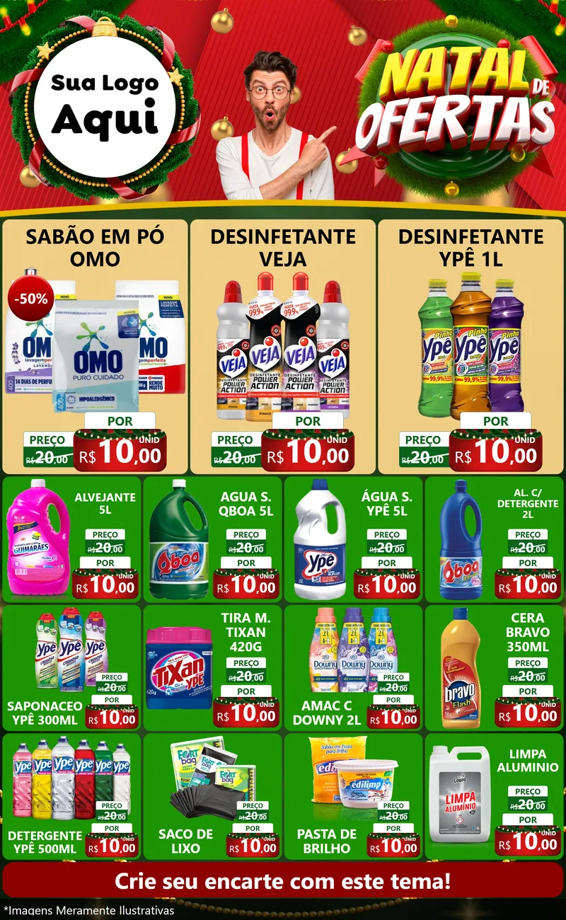 Modelo de Encarte para Encarte Grande com o tema Natal de Ofertas para Produtos de Limpeza