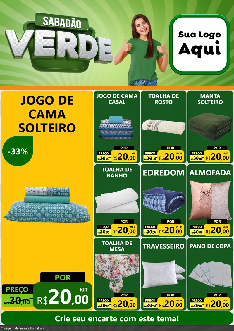 Modelo de Encarte para Encarte A4 Vertical com o tema Sabadão Verde para Cama, Mesa e Banho