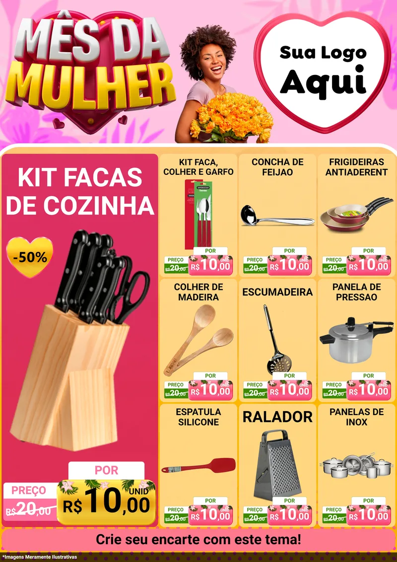 Modelo de Encarte para Encarte A4 Vertical com o tema Mês da Mulher para Utilidades Domésticas