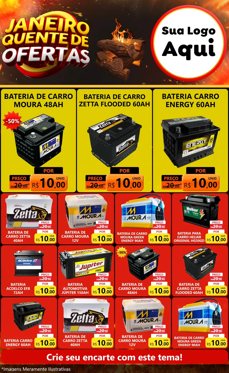 Modelo de Encarte para Encarte Grande com o tema Janeiro Quente de Ofertas para Baterias Elétricas
